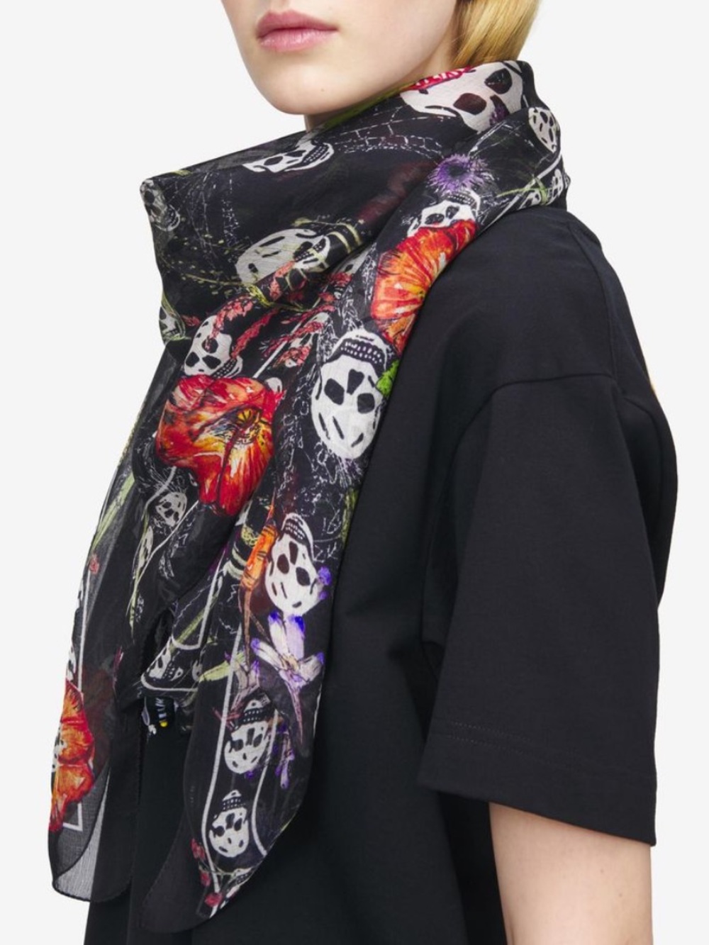 💀 Alexander McQueen Skull Spider Floral Print Scarf - Anthracite Silk Black NWT